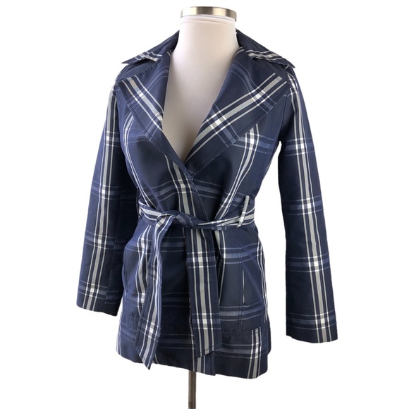 Zara Basic Plaid Trench Jacket Coat Navy H10451 - Picture 2 of 13